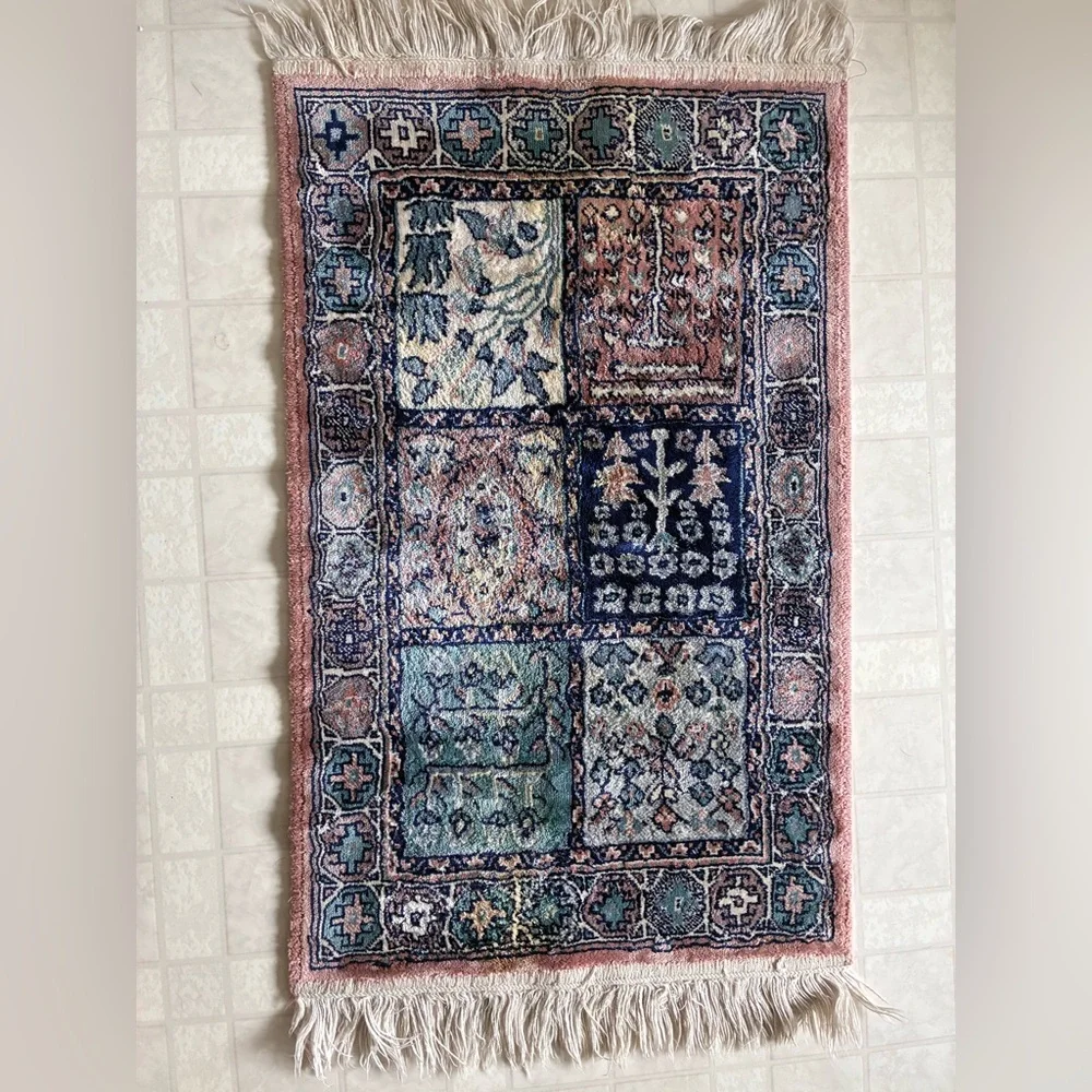 Vintage Patchwork Floral Area Rug - Blue, Teal & Pink 19”x30”